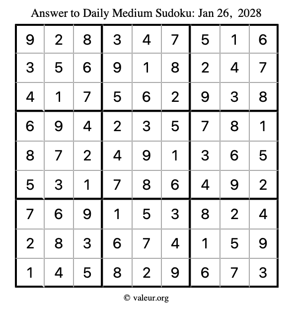 Answer to medium sudoku January 26, 2028