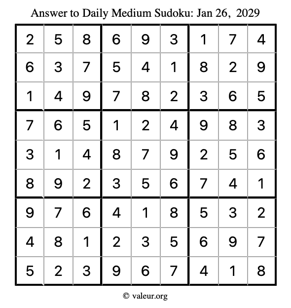 Answer to medium sudoku January 26, 2029