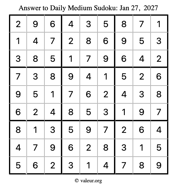 Answer to medium sudoku January 27, 2027