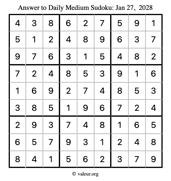 Answer to medium sudoku January 27, 2028