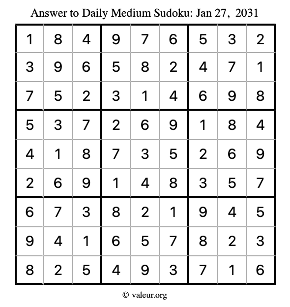 Answer to medium sudoku January 27, 2031