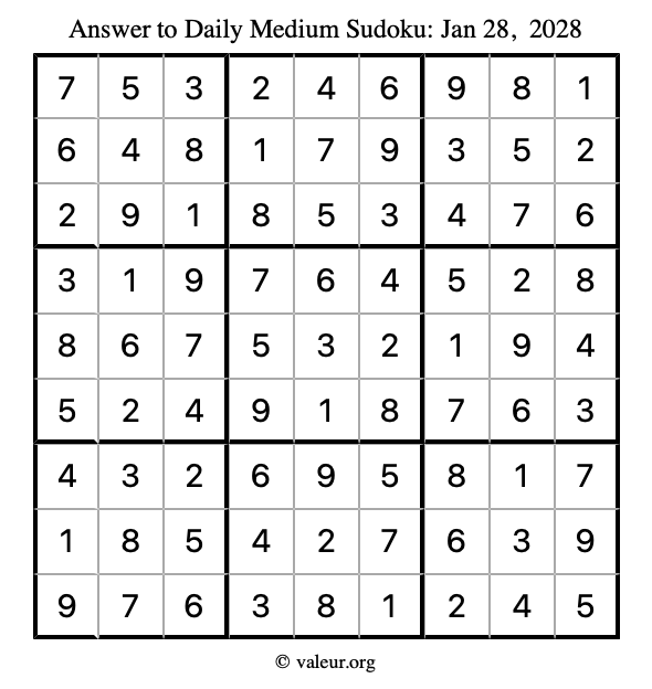 Answer to medium sudoku January 28, 2028