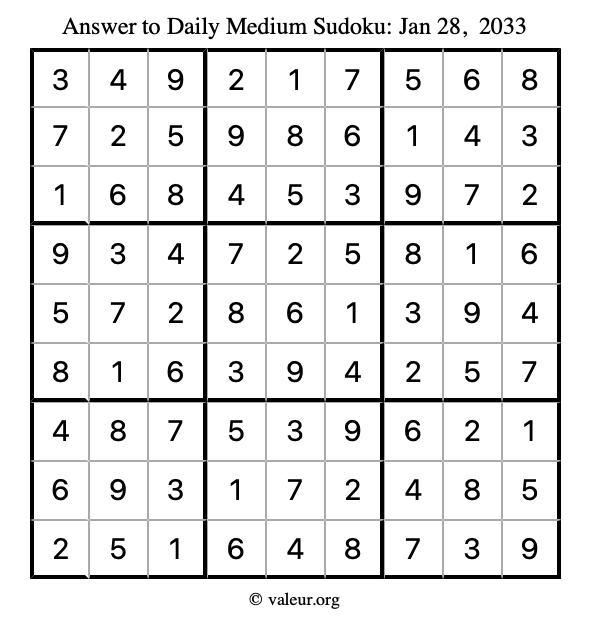 Answer to medium sudoku January 28, 2033