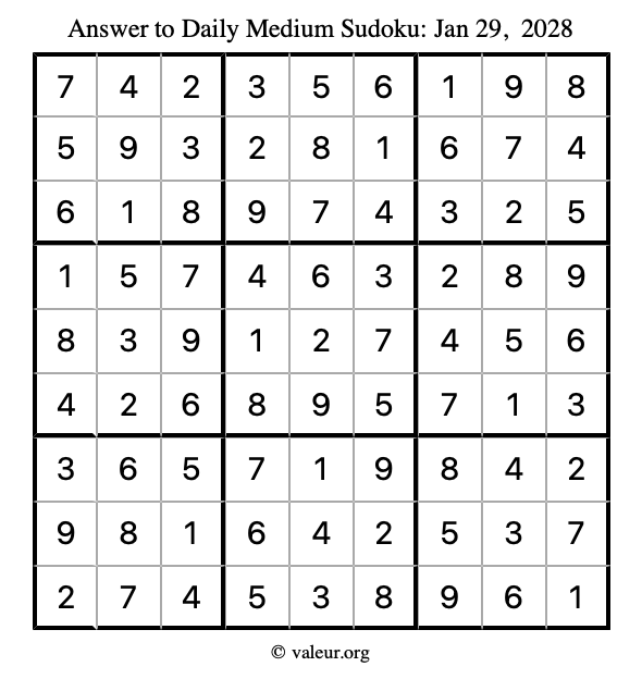 Answer to medium sudoku January 29, 2028