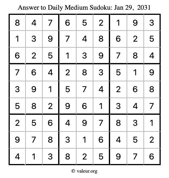 Answer to medium sudoku January 29, 2031