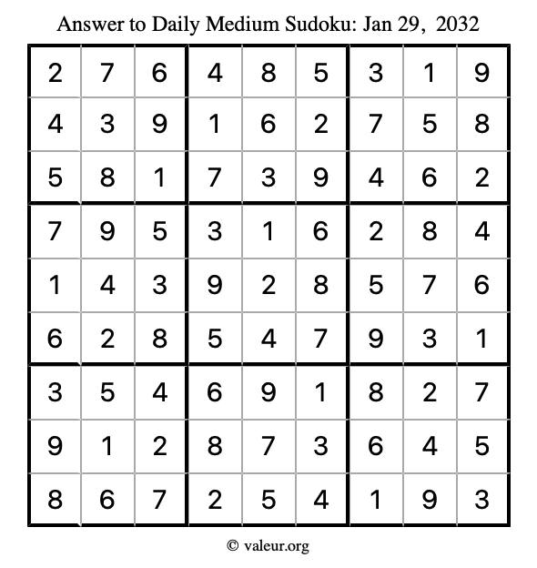 Answer to medium sudoku January 29, 2032