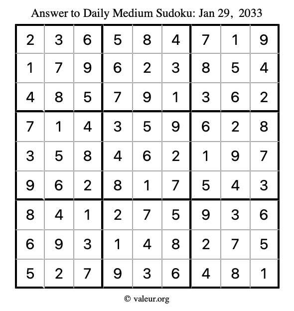 Answer to medium sudoku January 29, 2033