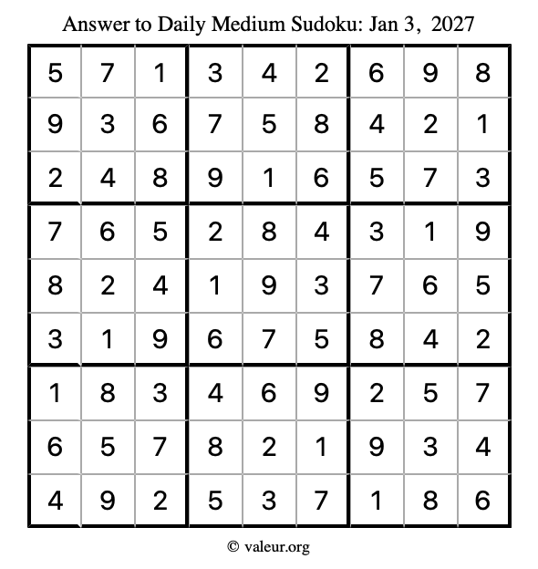 Answer to medium sudoku January 3, 2027