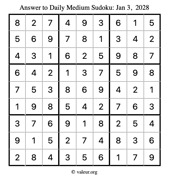 Answer to medium sudoku January 3, 2028