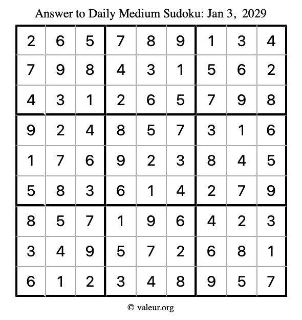 Answer to medium sudoku January 3, 2029