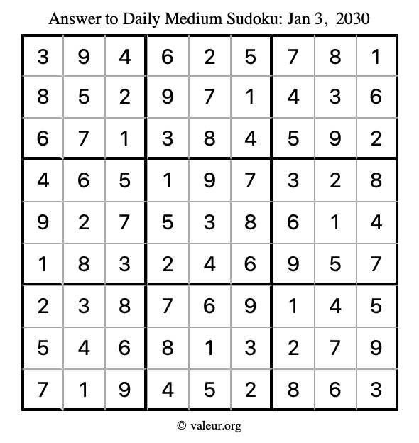 Answer to medium sudoku January 3, 2030