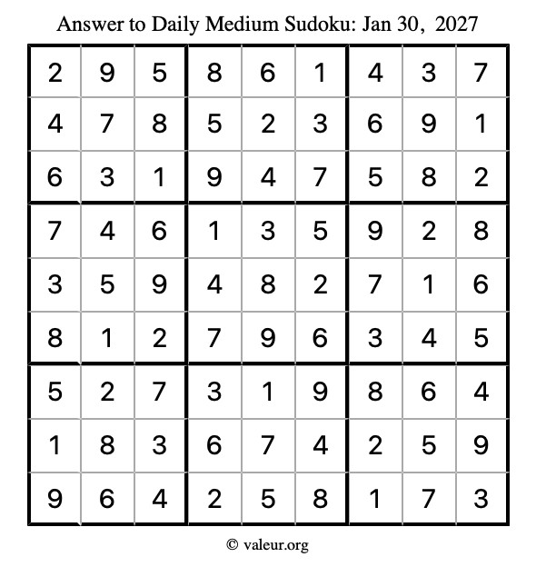 Answer to medium sudoku January 30, 2027