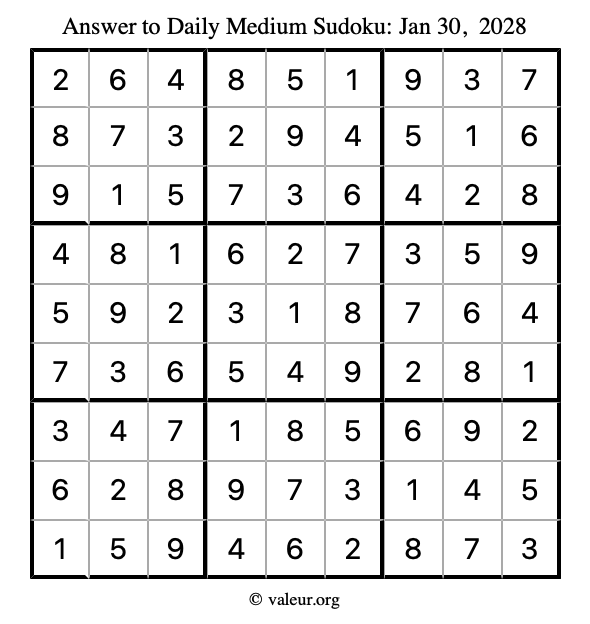 Answer to medium sudoku January 30, 2028