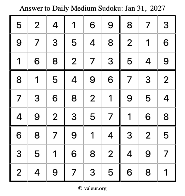 Answer to medium sudoku January 31, 2027
