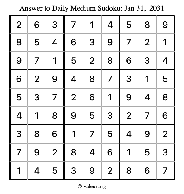 Answer to medium sudoku January 31, 2031