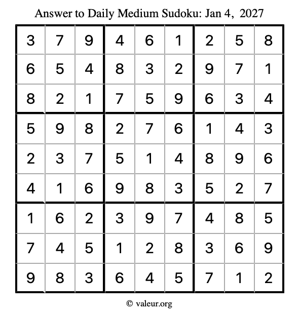 Answer to medium sudoku January 4, 2027
