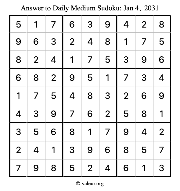 Answer to medium sudoku January 4, 2031