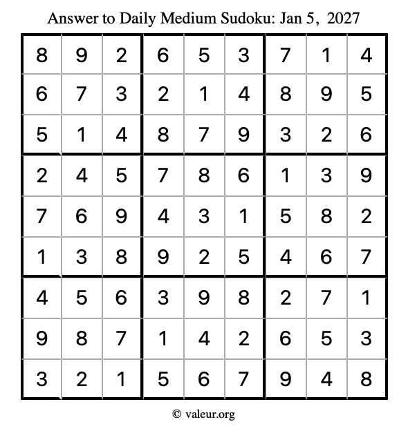 Answer to medium sudoku January 5, 2027