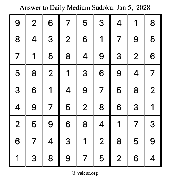 Answer to medium sudoku January 5, 2028