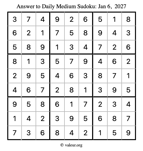 Answer to medium sudoku January 6, 2027