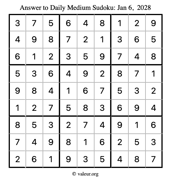 Answer to medium sudoku January 6, 2028