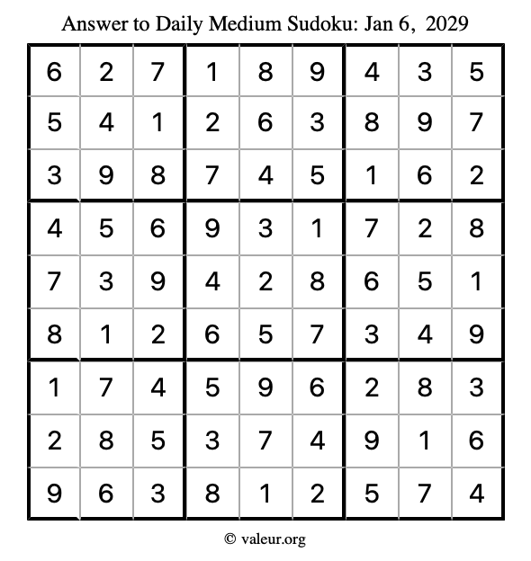 Answer to medium sudoku January 6, 2029