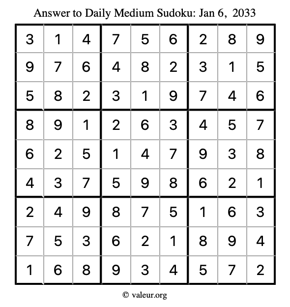 Answer to medium sudoku January 6, 2033