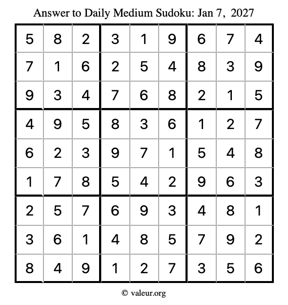 Answer to medium sudoku January 7, 2027