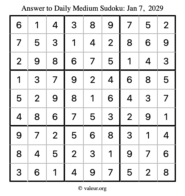 Answer to medium sudoku January 7, 2029