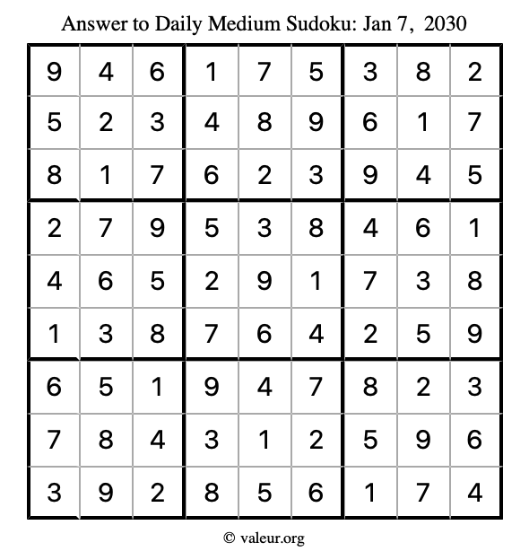 Answer to medium sudoku January 7, 2030