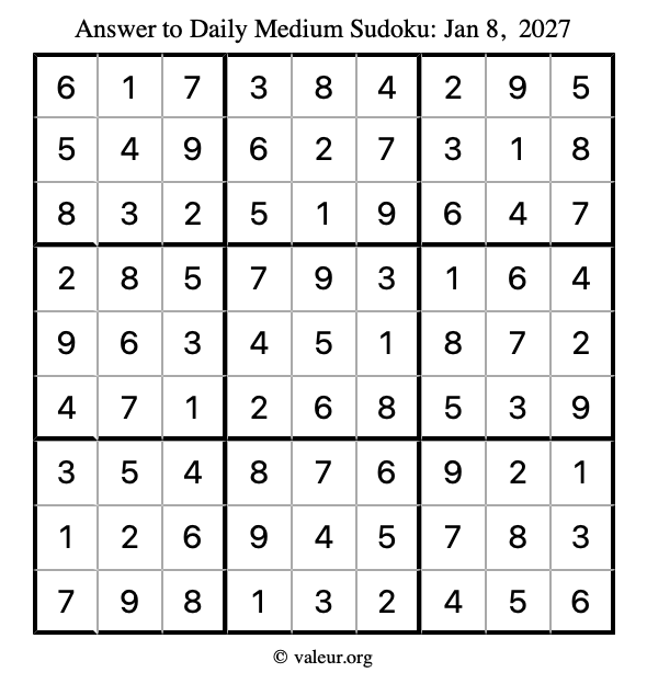 Answer to medium sudoku January 8, 2027