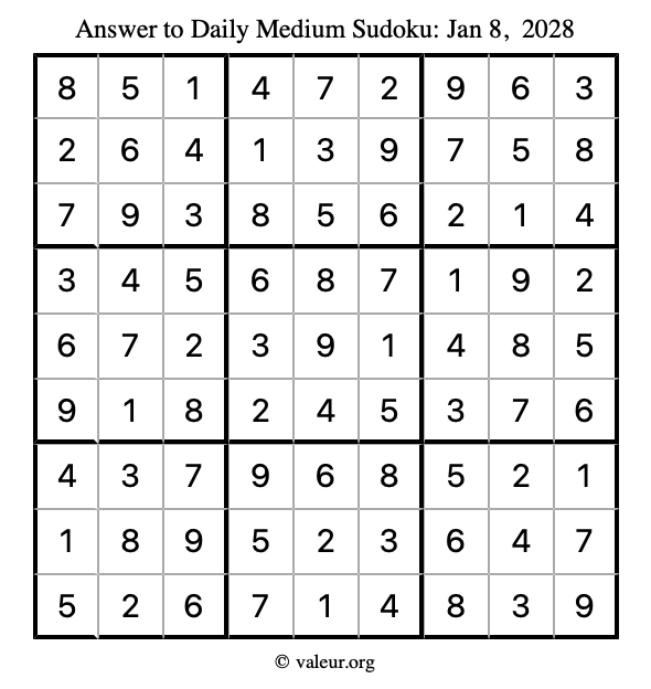 Answer to medium sudoku January 8, 2028