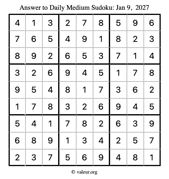 Answer to medium sudoku January 9, 2027