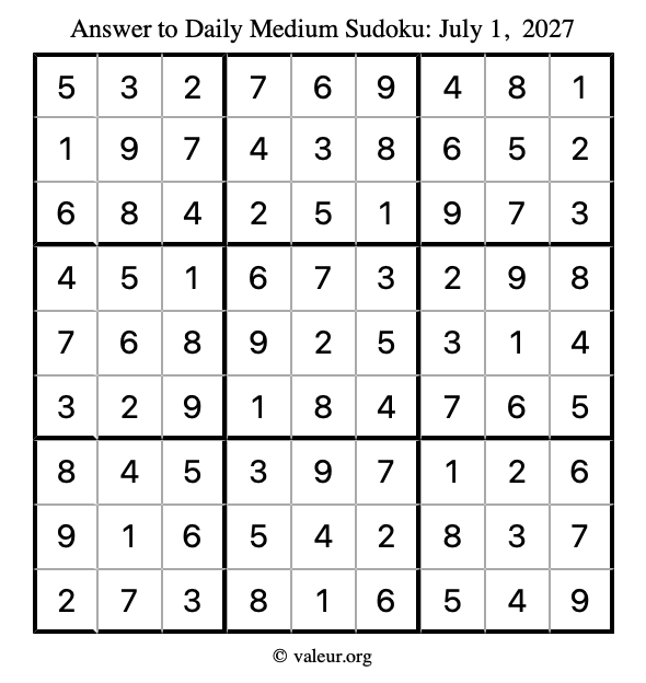Answer to medium sudoku July 1, 2027