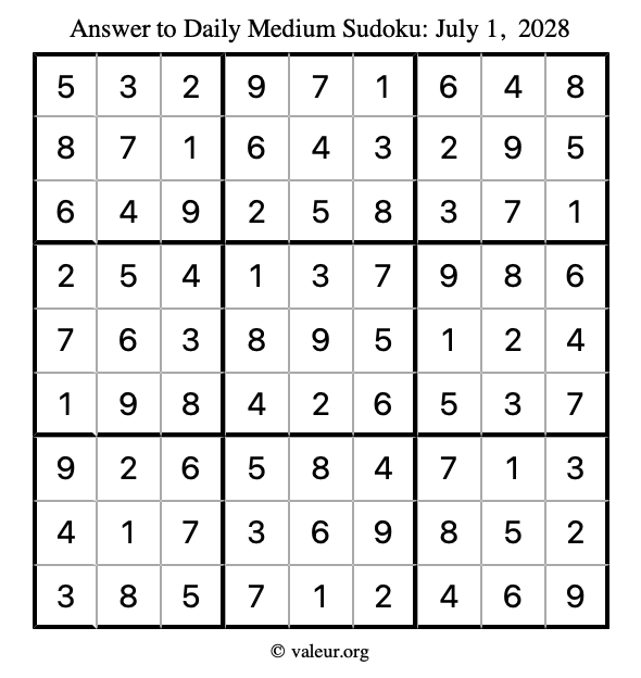 Answer to medium sudoku July 1, 2028