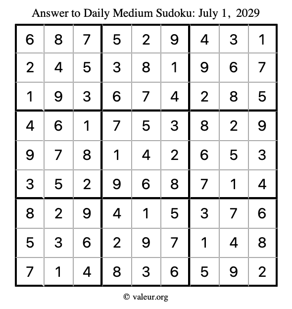 Answer to medium sudoku July 1, 2029