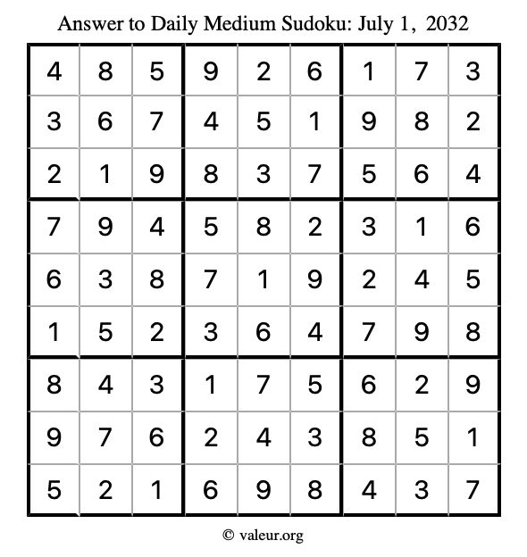 Answer to medium sudoku July 1, 2032