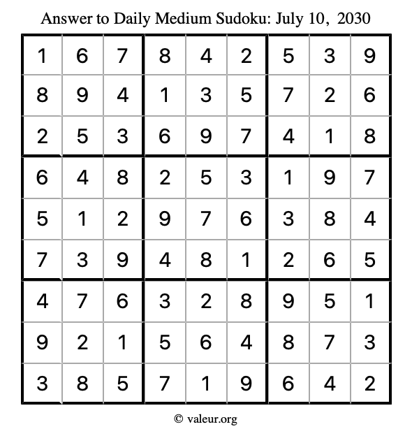 Answer to medium sudoku July 10, 2030