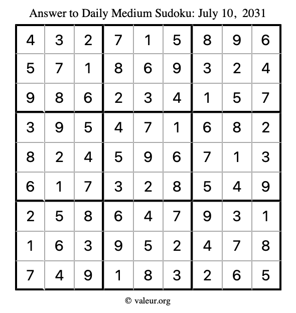 Answer to medium sudoku July 10, 2031