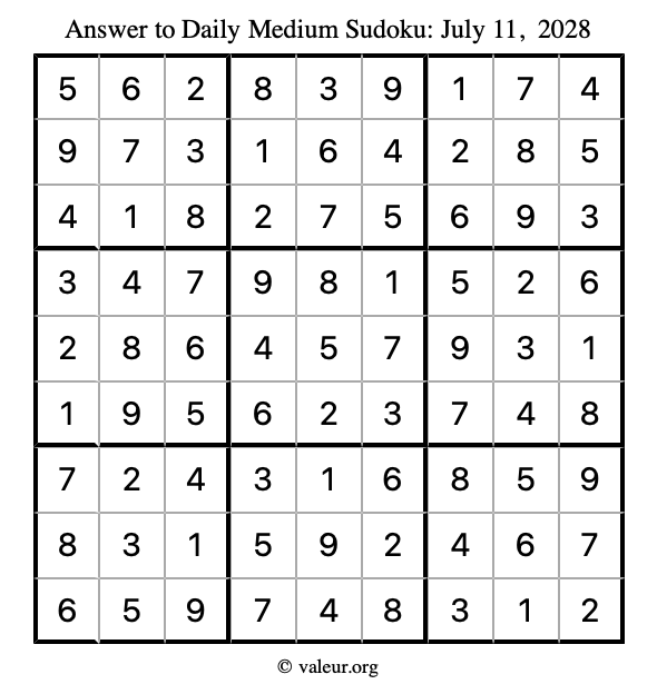 Answer to medium sudoku July 11, 2028
