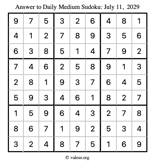 Answer to medium sudoku July 11, 2029