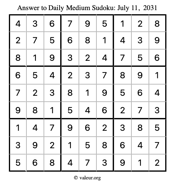 Answer to medium sudoku July 11, 2031