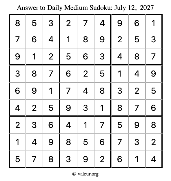 Answer to medium sudoku July 12, 2027