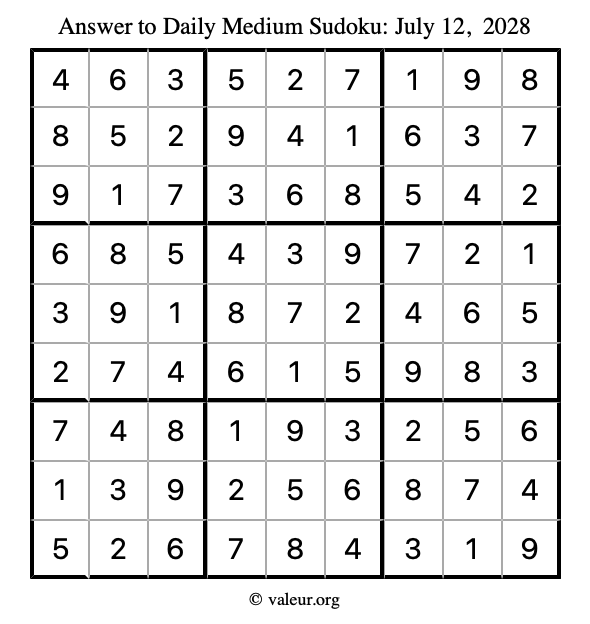 Answer to medium sudoku July 12, 2028