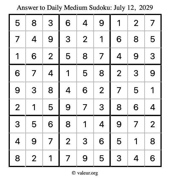 Answer to medium sudoku July 12, 2029