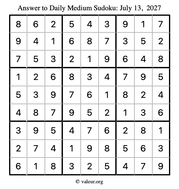 Answer to medium sudoku July 13, 2027