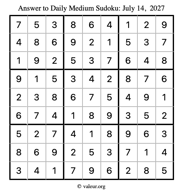 Answer to medium sudoku July 14, 2027