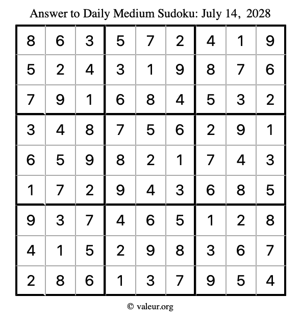 Answer to medium sudoku July 14, 2028
