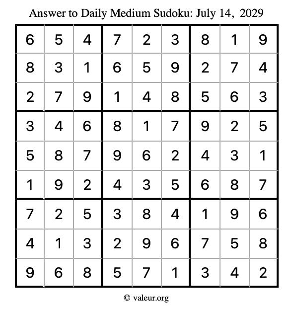 Answer to medium sudoku July 14, 2029