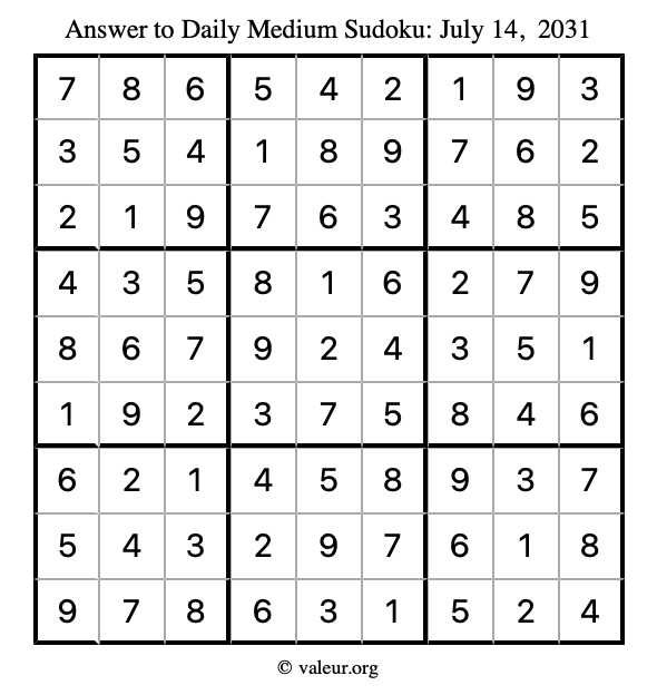 Answer to medium sudoku July 14, 2031